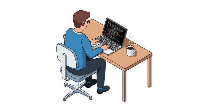 Focused software developer working intently at a desk, typing code on a laptop with a hot beverage nearby, illustrating concentration and productivity in the tech industry