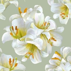 Fototapeta premium Luxury White Lily Floral Seamless Pattern on Sage Green Background