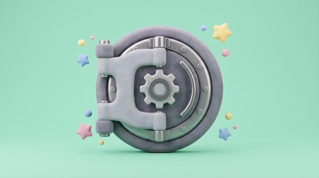 3D render of a stylized vault door icon illustrating data security, financial protection, and secure savings on a mint background.