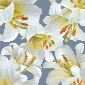 Watercolor White Lily Seamless Floral Pattern with Blue Gray Background