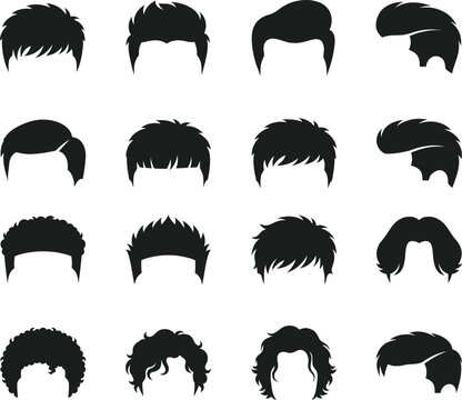 Men's Hairstyle Icon Set Featuring Modern Haircuts, Barber Styles and Trendy Hair Designs. Editable Glyph Icons. Vector Illustration.