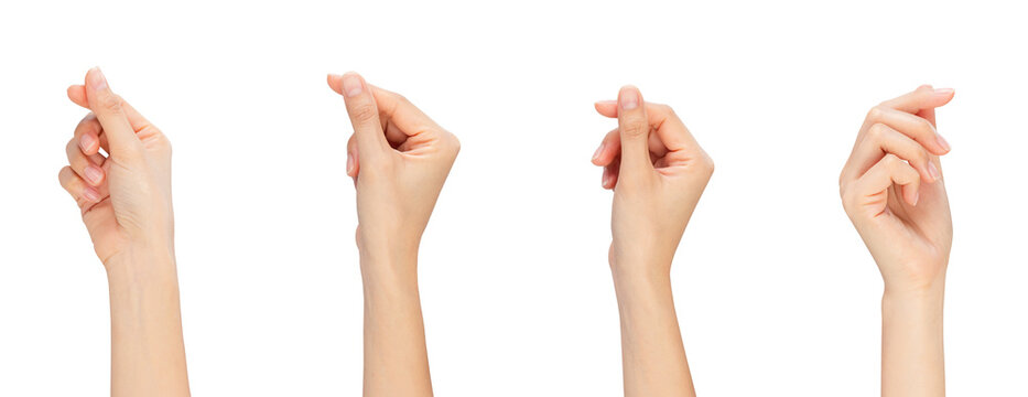 Clipping path, female hand is pointing, grasping and holding something isolated on white background.