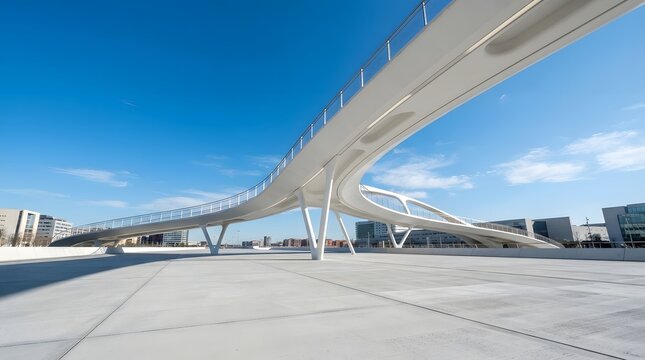 Modern pedestrian bridge with unique architectural design spanning over an empty concrete plaza under a bright blue sky