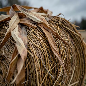 Close up view of round hay bale textured with golden straw stems and dry corn husks on farm field.