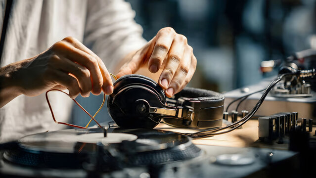 A professional audio technician uses both hands to carefully inspect and repair a pair of black headphones over a vinyl turntable in a studio.