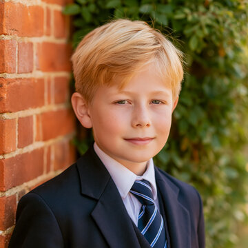 Young boy in a smart suit and tie, representing school, growing up, and education, looking forward to the future