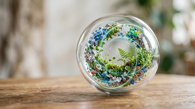 Glass sphere containing miniature ecosystem of plants and recycled plastic scraps symbolizing sustainable earth circular economy.