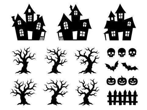 Collection of black spooky halloween silhouettes including haunted houses trees bats skulls and pumpkins isolated on transparent background