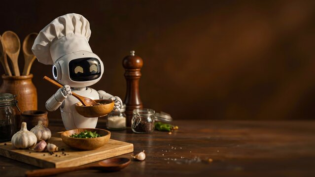 Cute robot chef cooking in modern kitchen with culinary and artificial intelligence concept