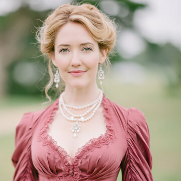 Young woman with blonde hair wearing elegant period dress and layered pearl necklace smiling