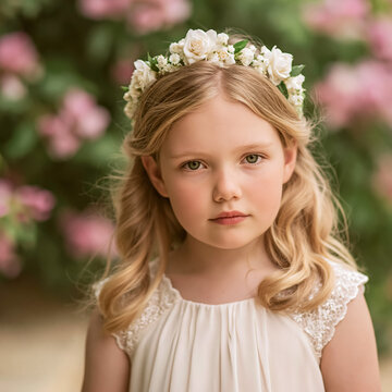 Young girl wearing white flower crown in garden, embodying innocence, beauty, and childhood joy