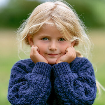 Blonde child with green eyes smiling outdoors, representing childhood innocence and happiness in nature