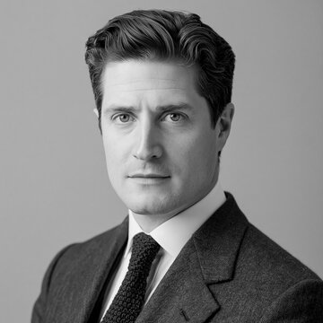 Professional man looking at camera, wearing suit and knit tie, representing business leadership and corporate success