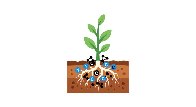 Plant roots absorbing nutrients from soil, illustrating carbon and nitrogen cycle