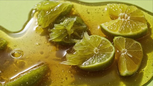 Cinematic macro liquid lime texture background with citrus slice food fresh green juicy sour fruit detail splash droplet glossy surface closeup studio gourmet refreshment summer beverage ingredient