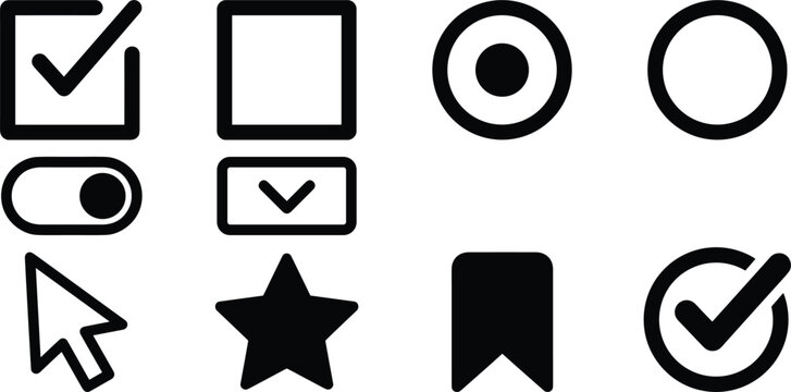 Checkbox and Form UI Control Black and White Outline Icon Collection Featuring Checkboxes, Radio Buttons, Toggle Switches, Selection, Validation and User Interface Elements