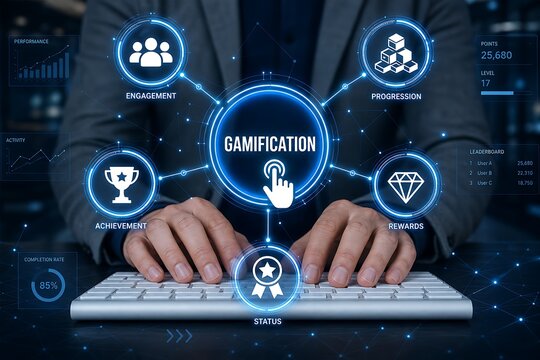 Businessman typing on laptop with gamification concept and digital icons overlay
