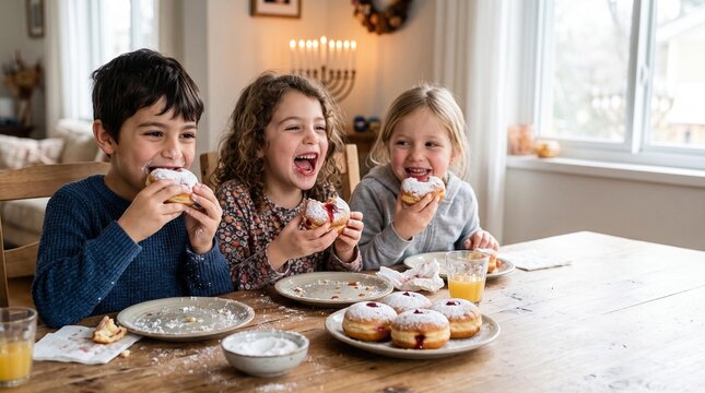 Children sitting at a table eating jelly-filled Hanukkah donuts with powdered sugar visible. Holiday food photo for bakery brands and Jewish family lifestyle marketing.