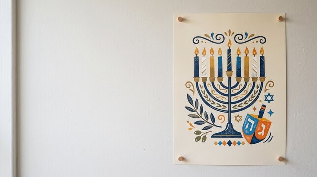 Decorative illustration-style poster featuring menorah and dreidel graphic design elements on a plain wall. Hanukkah decor photo for holiday card and print brand marketing.