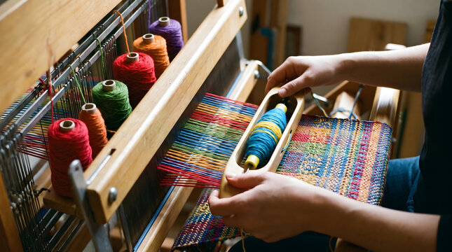 Hand weaving process on a wooden loom with colorful yarn threads