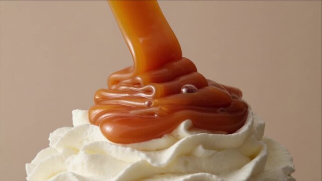 Cinematic macro liquid caramel texture background over whipped cream dessert swirl closeup detail rich sauce flowing slowly creates sweet indulgent mood indulgent dessert cinematic macro closeup