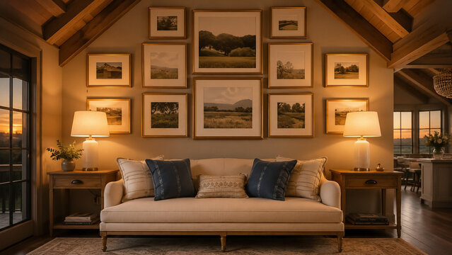 Cozy living room showcasing a gallery wall with framed nature artworks and warm ambient lighting at sunset
