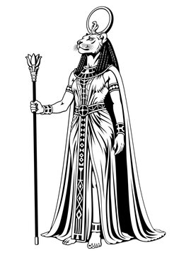 Ancient Egyptian Goddess Tefnut . Black and white vector clipart.