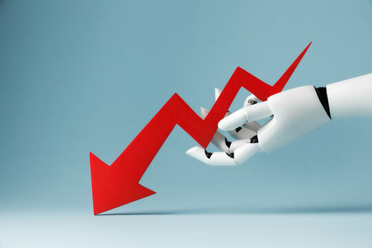 A white robotic hand holding a red downward arrow a light blue background. Concept of artificial intelligence analyzing cryptocurrency market decline, risk investments and exchange trends.