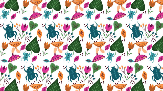 Seamless pattern with colorful beetles, mushrooms, and leaves on a white background, for surface