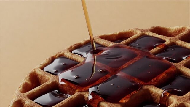 Cinematic macro waffle texture with sweet maple syrup liquid closeup breakfast background detail warm golden dessert food photography style tasty comfort snack indulgent treat sticky flow gourmet