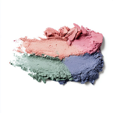 Colorful eyeshadow makeup swatches in pastel pink, peach, green, and purple shades forming a cosmetic texture stripe