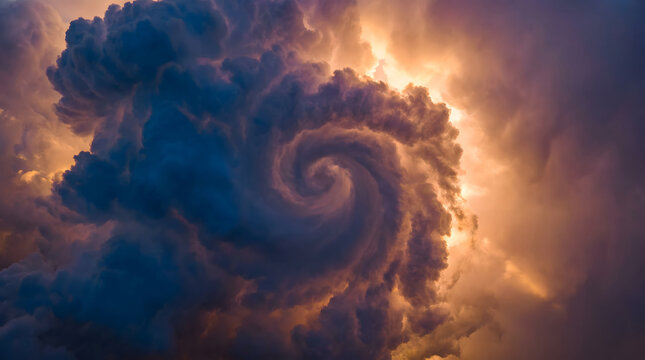 Spiral cumulonimbus storm cloud formation with dramatic lighting and atmospheric depth