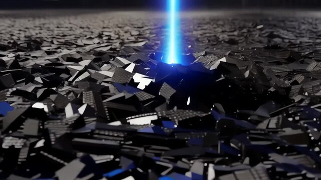 Abstract Digital Debris with Blue Light Beam - Technology and Data Concept.