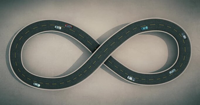Infinity Road Loop With Cars Top View Concept Of Endless Travel And Continuous Journey; Looping