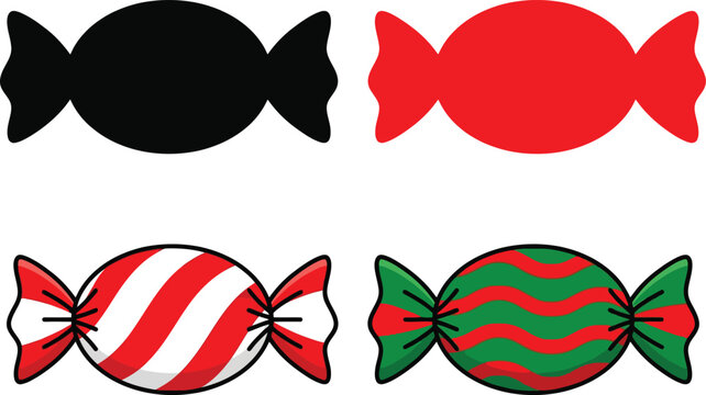 A collection of four colorful wrapped candies featuring solid colors and festive holiday striped patterns on white
