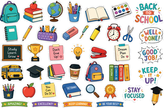 Back to School Sticker Bundle - Cute Motivational Teacher Reward and Stationery Vector Clip Art Pack