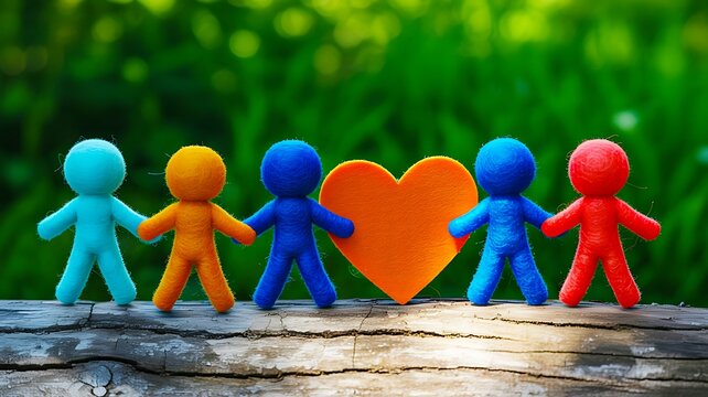 Colorful wooden figures holding heart symbol representing unity friendship and love