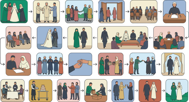 Muslim wedding ceremony icons set, islamic marriage traditional rituals from proposal to celebration