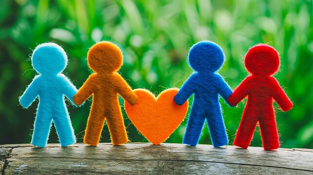 Colorful paper people holding heart symbol representing unity diversity love and teamwork