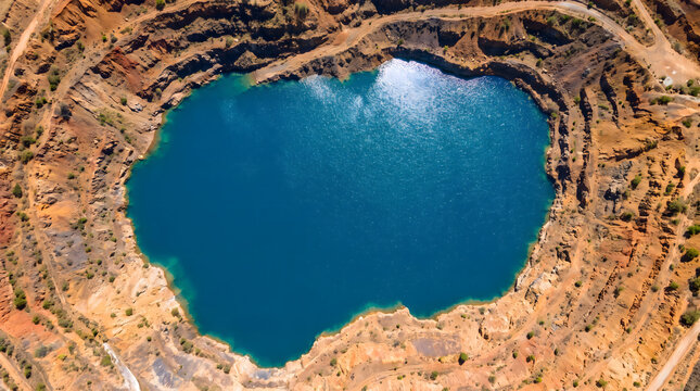 Abandoned mine pit filled with turquoise water forming a serene lake landscape viewed from above