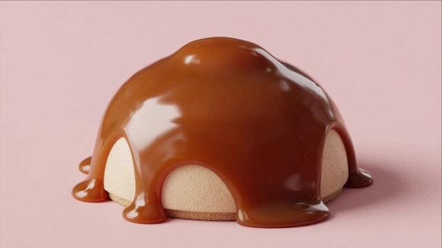 Cinematic macro liquid caramel texture background over gourmet mousse dessert dome on pastel pink surface creating rich glossy sauce pattern sweet indulgent mood minimal food art concept photograph