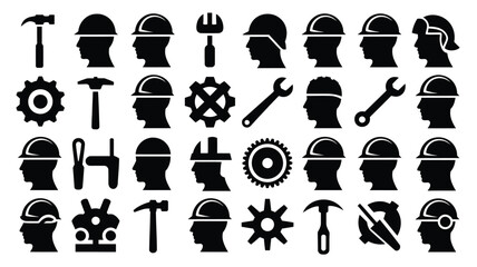 Bold black and white construction worker icons with tools with showcases striking grid high contrast silhouettes combining worker headgear industrial inspired design style © Tuli