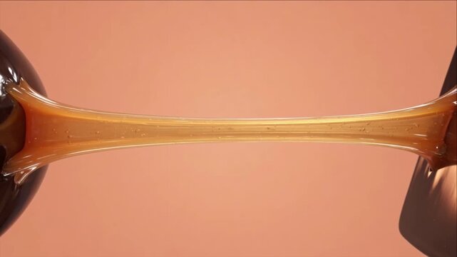 Cinematic macro liquid texture background honey stretch closeup golden caramel viscous syrup smooth abstract sweet dessert food sticky shows golden caramel stretch between dark container and metal