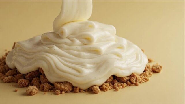 Cinematic macro liquid dessert texture background with creamy vanilla sauce swirl pouring over cookie crumb base and crust, smooth wave pattern flow, rich sweet indulgent mood gourmet food closeup