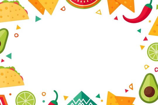 Mexican food border background with taco nachos avocado chili and copy space vector