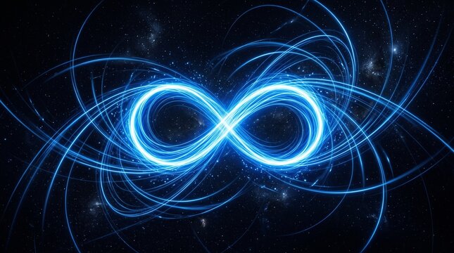 Glowing blue infinity symbol of swirling light trails on dark background, symbolizing endlessness, boundlessness, and futuristic energy.