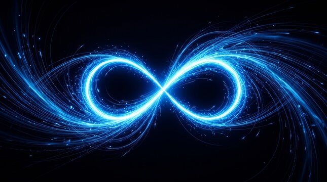 Glowing blue infinity symbol of swirling light trails on dark background, symbolizing endlessness, boundlessness, and futuristic energy.