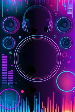DJ music background with headphones speakers equalizer and neon glowing frame vector