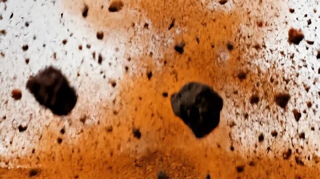 Explosion of brown powder creating a dynamic and messy abstract background.