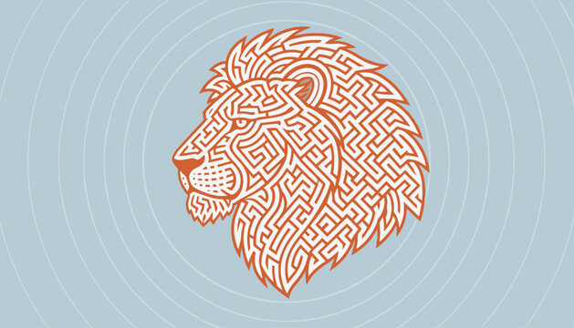 Stylized lion head illustration features an intricate maze design on a light blue background with concentric rings.